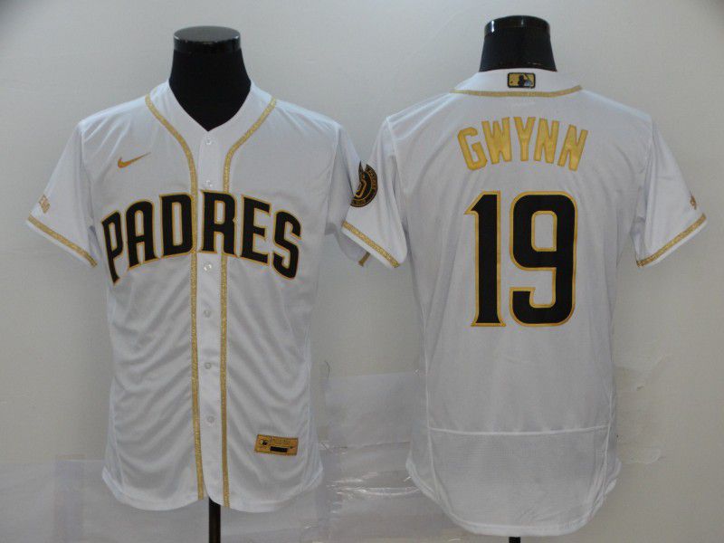 Men San Diego Padres #19 Gwynn White Retro gold character Nike Elite MLB Jerseys